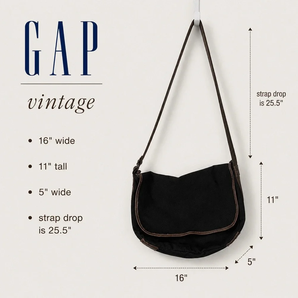 Gap Messenger Bag Black Brown Trim Crossbody Vintage 2007 Y2K Large Poly Blend